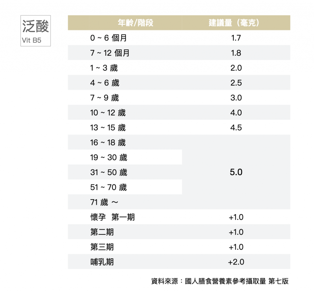 泛酸-維生素B5-建議攝取量